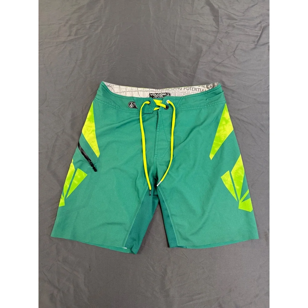 Volcom Stoney Mod-Tech 4-Way Stretch Board Shorts Teal Green Neon Yellow Mens 31
